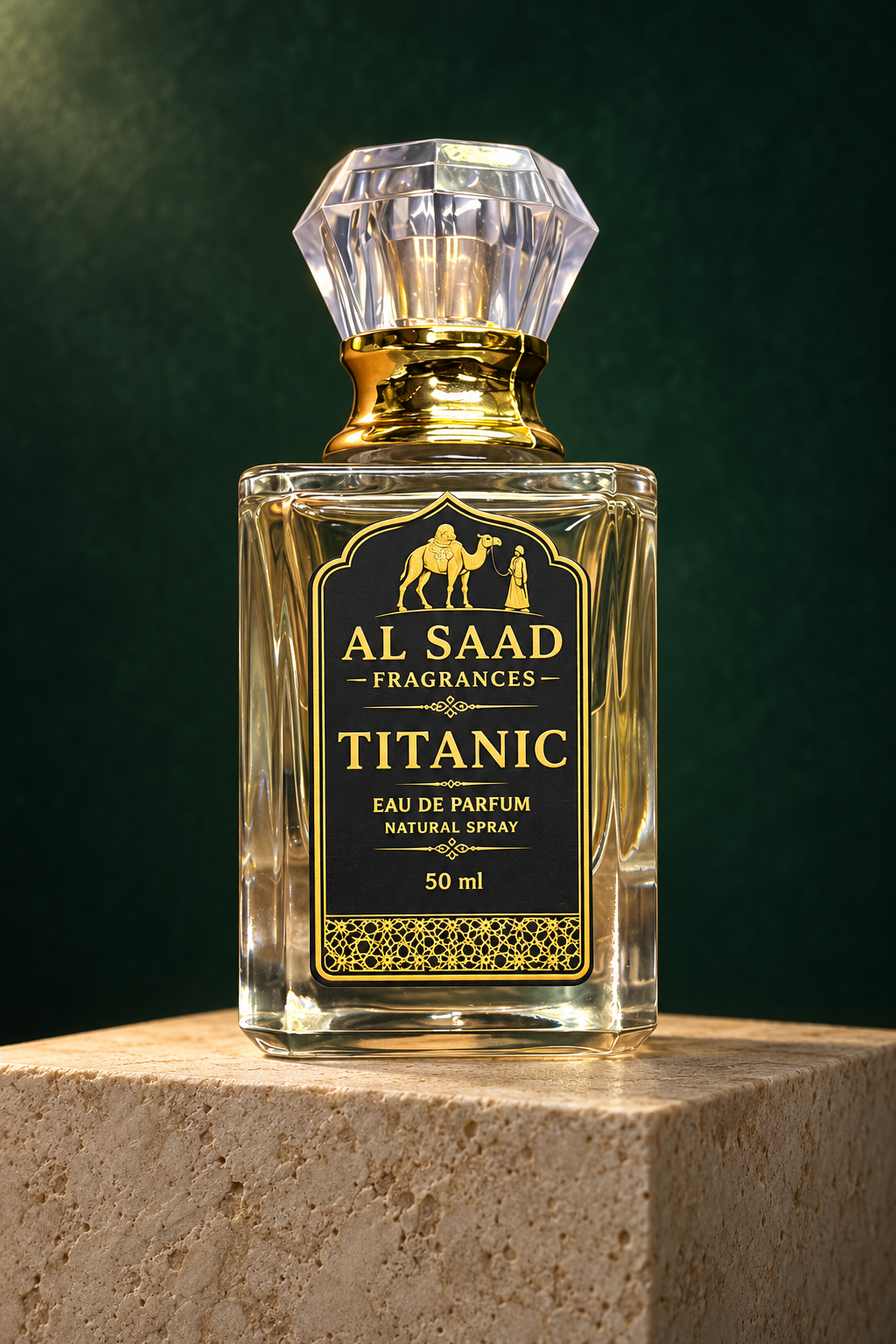 Titanic 50 ml bottle in an art-directed studio setting